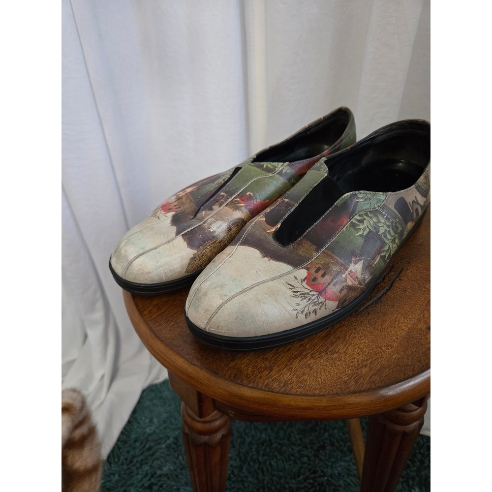 Vintage ICON Leather Art Scene Loafers Landscape Print Slip On Shoes Womens